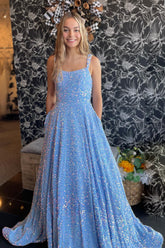 Sparkly Blue Spaghetti Straps A-Line Sequins Long Prom Dress