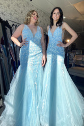 Blue Deep V-neck Tulle Mermaid Long Prom Dress with Appliques