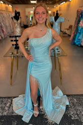 Light Blue One Shoulder Satin Mermaid Long Prom Dress with Fringe