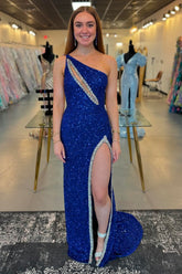 Royal Blue One Shoulder Sequins Cut-out Mermaid Long Prom Dress with Slit