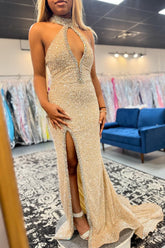 Sparkly Champagne Halter Neck Sequins Mermaid Long Prom Dress with Slit