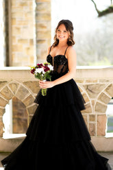 Black Spaghetti Straps A-Line Tulle Tiered Long Corset Prom Dress with Appliques