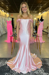 Light Pink Off the Shoulder Satin Mermaid Long Corset Prom Dress
