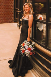 Black Strapless Ruched Satin Mermaid Long Prom Dress with Beading
