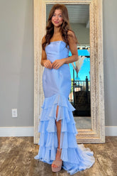 Trendy Blue Strapless Mermaid Tiered Long Prom Dress with Slit