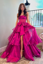 Chic Fuchsia Strapless A-Line Tiered Long Corset Prom Dress with Slit