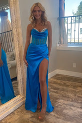 Royal Blue Sweetheart Satin Mermaid Long Corset Prom Dress with Beading