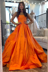 Trendy Orange Strapless Satin A-Line Long Prom Dress