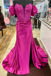 Fuchsia Off the Shoulder Satin Mermaid Long Corset Prom Dress with Slit