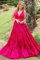 Fuchsia V-neck A-Line Satin Tiered Two Pieces Long Prom Dress