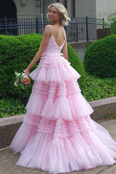 Pink Spaghetti Straps Tulle A-Line Tiered Long Prom Dress
