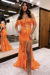 Sparkly Orange Off the Shoulder Sequins Mermaid Long Prom Dress with Feather