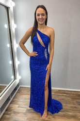 Sparkly Royal Blue Sequins Mermaid One Shoulder Long Prom Dress