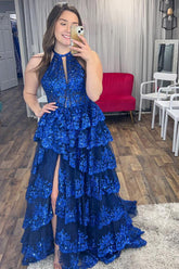 Royal Blue Sequins Halter Neck Tiered Corset A Line Long Prom Dress with Slit
