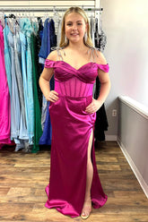 Fuchsia Satin Mermaid Off The Shoulder Long Corset Prom Dress