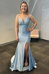 Grey Blue Satin Beaded Mermaid Spaghetti Straps Long Prom Dress