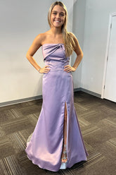 Elegant Lilac Satin Mermaid Strapless Long Prom Dress with Slit