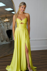 Yellow Spaghetti Straps A-Line Satin Long Prom Dress with Slit