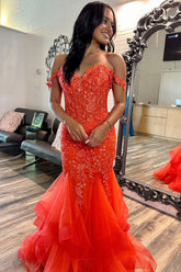 Orange Off the Shoulder Mermaid Tiered Long Corset Prom Dress with Appliques