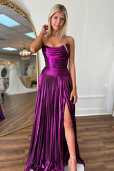 Dark Purple Strapless Metallic Pleated A-Line Long Corset Prom Dress with Slit