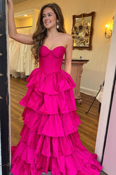 Fuchsia Sweetheart A-Line Satin Tiered Long Corset Prom Dress
