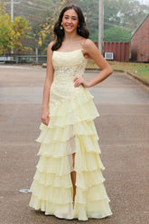 Yellow Spaghetti Straps A-Line Chiffon Tiered Long Prom Dress with Appliques