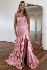 Blush Strapless Mermaid Satin Tiered Long Prom Dress with Sequins