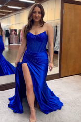 Royal Blue Sweetheart Satin Mermaid Long Corset Prom Dress with Beading