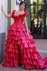 Fuchsia Off the Shoulder A-Line Satin Tiered Long Corset Prom Dress with Ruffles