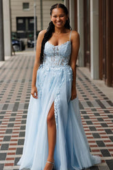 Light Blue Spaghetti Straps Tulle A-Line Long Corset Prom Dress with Appliques