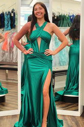 Dark Green Halter Neck Meramid Satin Long Corset Prom Dress with Slit