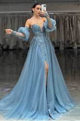 Sparkly Grey Blue Sweetheart A-Line Tulle Long Corset Prom Dress with Appliques