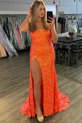 Sparkly Orange Meramid Sequins Long Prom Dress with Slit
