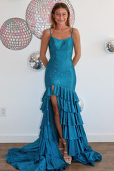 Sparkly Blue Meramid Beaded Tiered Long Prom Dress with Slit