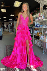 Glitter Fuchsia Spaghetti Straps A-Line Beaded Ruffled Long Prom Dress with Slit