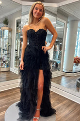Black Sweetheart A-Line Tulle Tiered Long Corset Prom Dress with Appliques