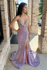 Sparkly Lilac Mermaid Sweetheart Beaded Corset Long Prom Dress with Slit