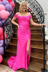 Fuchsia Satin Mermaid Spaghetti Straps Long Prom Dress with Beading