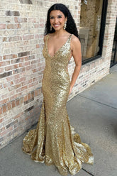 Glitter Gold V Neck Sequins Mermaid Long Prom Dress