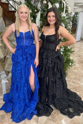Royal Blue Tulle Appliques Sequins Spaghetti Straps Tiered Long Corset Prom Dress
