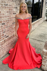 Red Off the Shoulder Mermaid Long Prom Dress with Beading