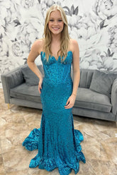 Sparkly Turquoise Sequins Sweetheart Mermaid Long Corset Prom Dress