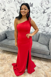Red One Shoulder Mermaid Slit Long Prom Dress with Beading
