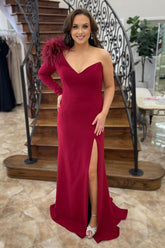 Burgundy One Shoulder Mermaid Feather Long Prom Dress with Slit