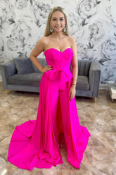 Fuchsia Sweetheart Corset Prom Jumpsuit with Bow