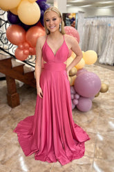Fuchsia Spaghetti Straps Satin Mermaid Cut-out Long Prom Dress