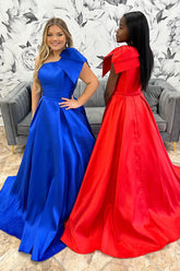 Royal Blue One Shoulder Princess Satin Long Prom Dress with Bow