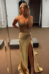 Glitter Golden Sweetheart Mermaid Beaded Long Corset Prom Dress with Slit