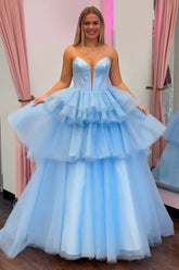 Trendy Blue Sweetheart A-Line Tulle Tiered Long Corset Prom Dress