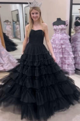 Trendy Black Strapless Tulle Tiered A-Line Long Prom Dress